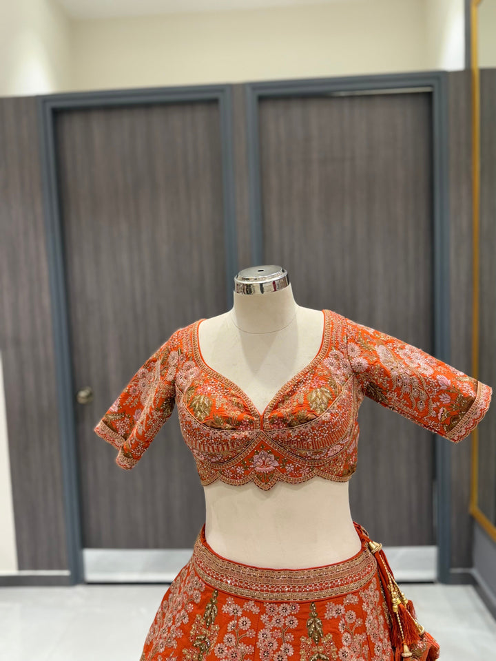 Vibrant Orange Silk Lehenga