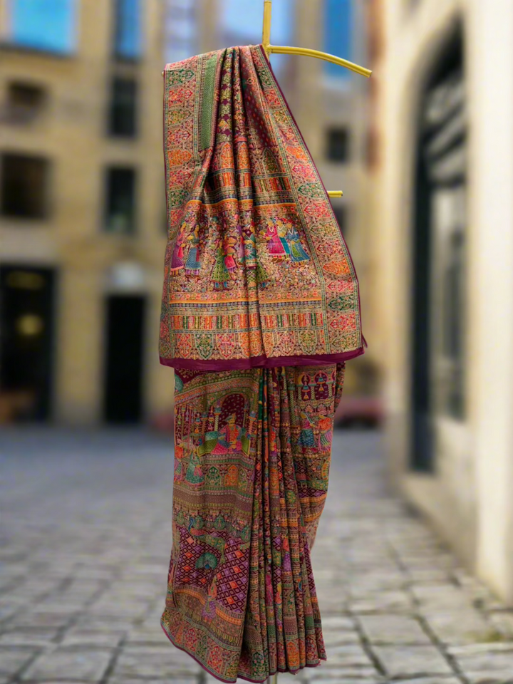 Vibrant Multicolored Traditional Mughal Motifs Silk Saree