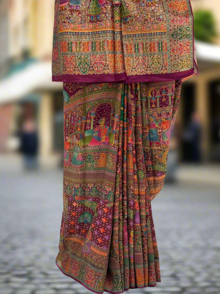 Vibrant Multicolored Traditional Mughal Motifs Silk Saree