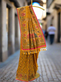 Mustard Yellow Silk Multi Traditional Prints Saree