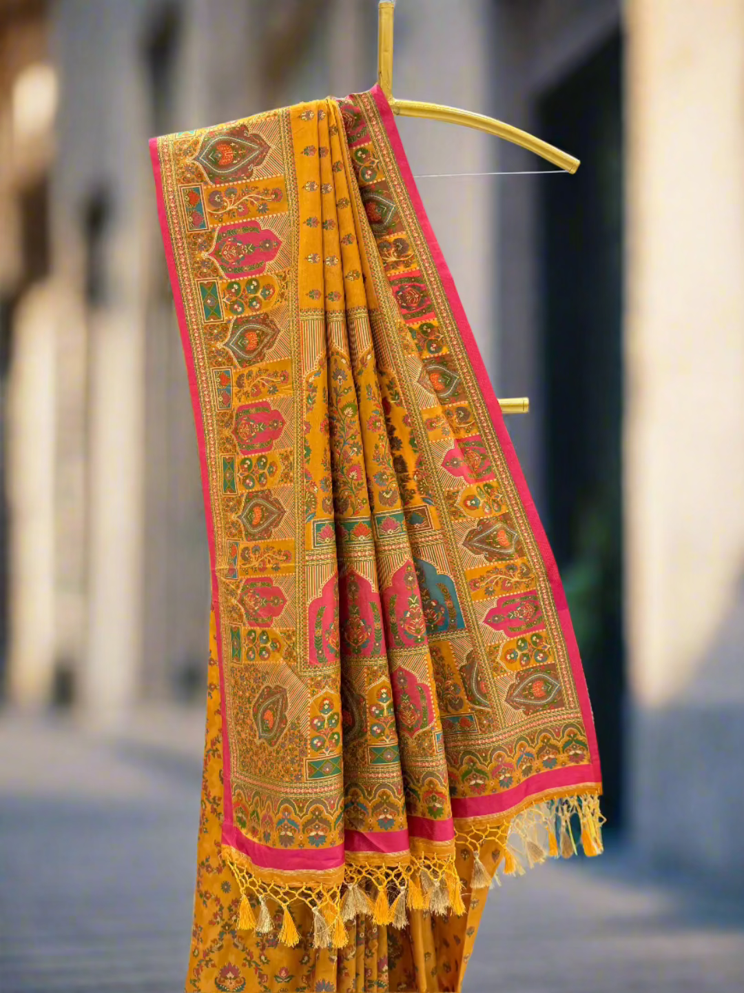 Mustard Yellow Silk Multi Traditional Prints Saree