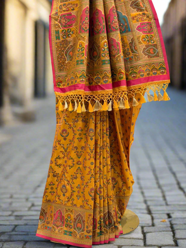 Mustard Yellow Silk Multi Traditional Prints Saree