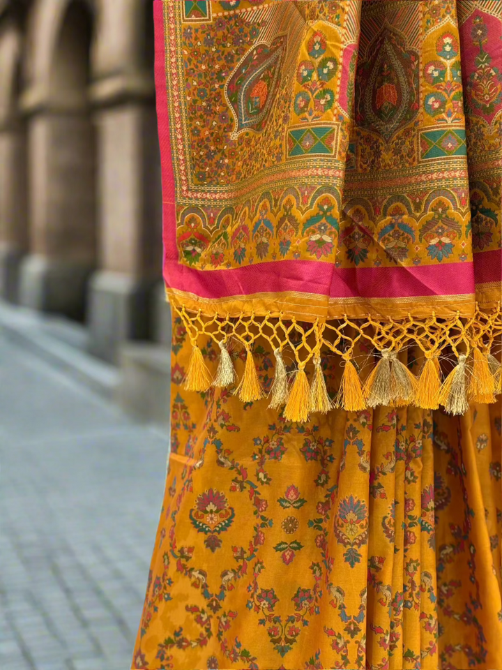 Mustard Yellow Silk Multi Traditional Prints Saree