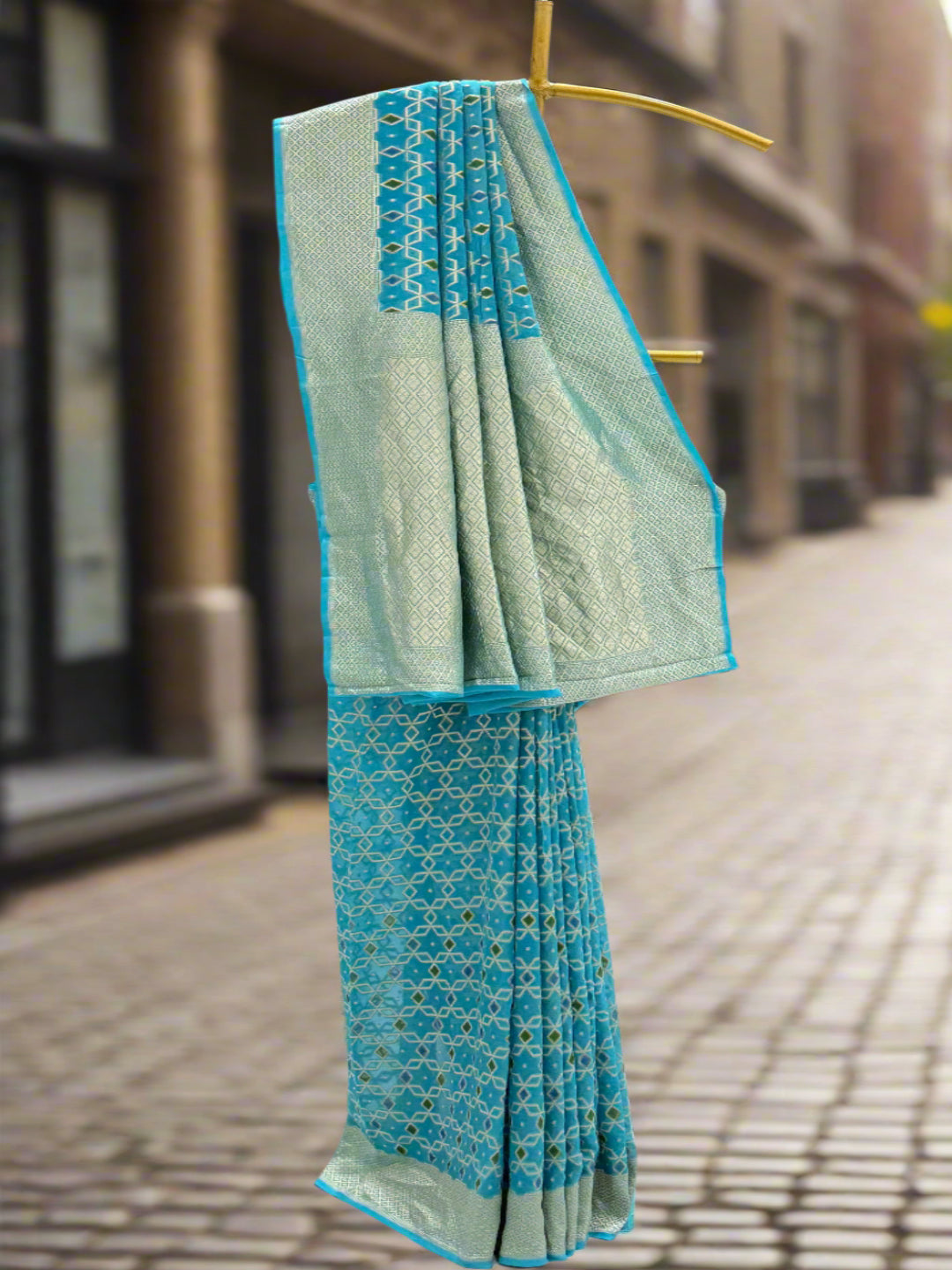 Stunning Blue and Silver Georgette Saree