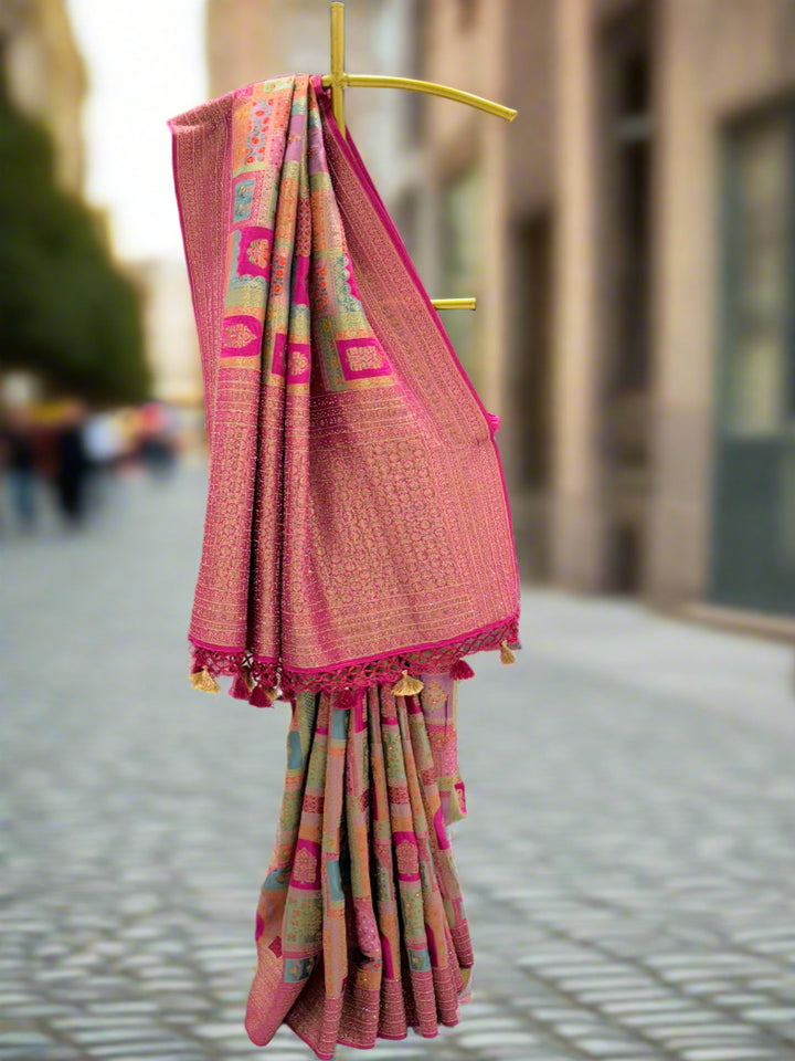 Pink and Multicolor Woven Silk Saree