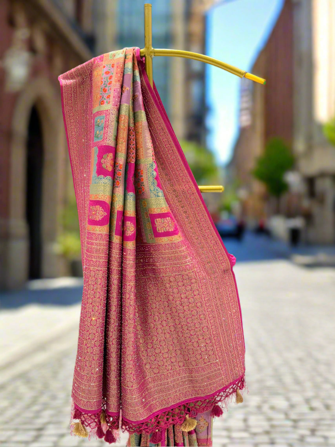 Pink and Multicolor Woven Silk Saree