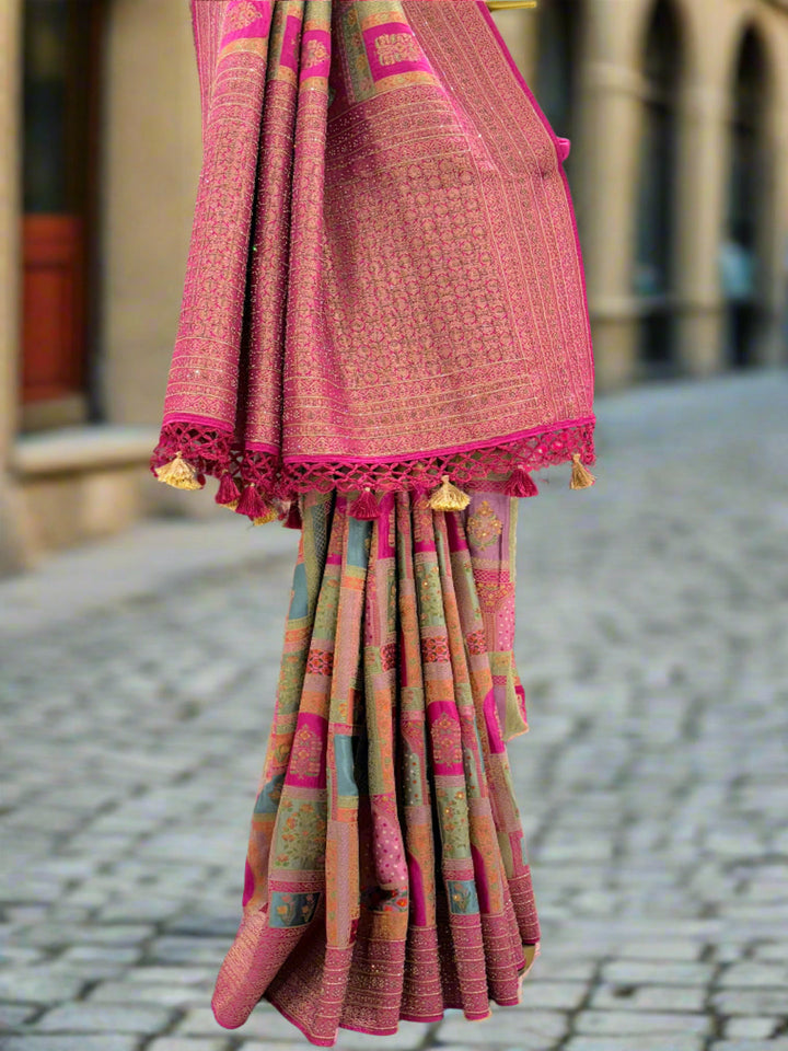 Pink and Multicolor Woven Silk Saree