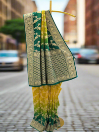Emerald Green & Yellow Ombre Georgette Saree