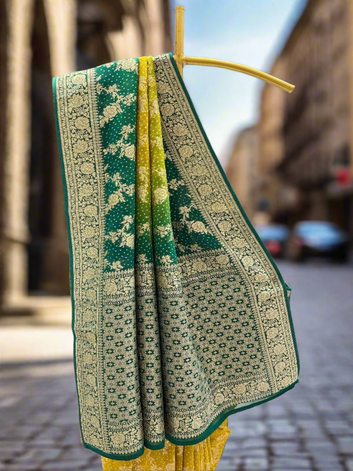 Emerald Green & Yellow Ombre Georgette Saree