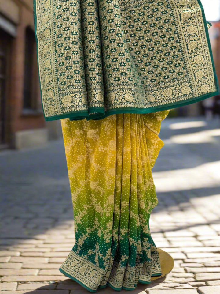Emerald Green & Yellow Ombre Georgette Saree