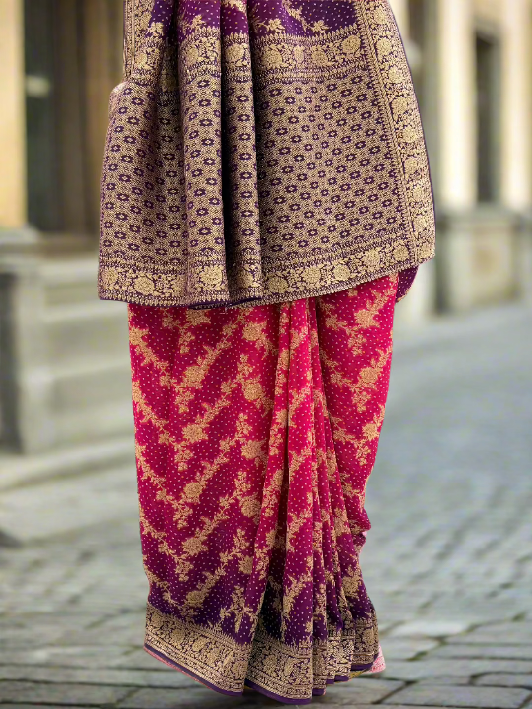 Royal Purple & Rani Pink Bandhani Georgette Saree