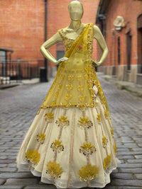 Golden and Ivory Embroidered Net Lehenga Set