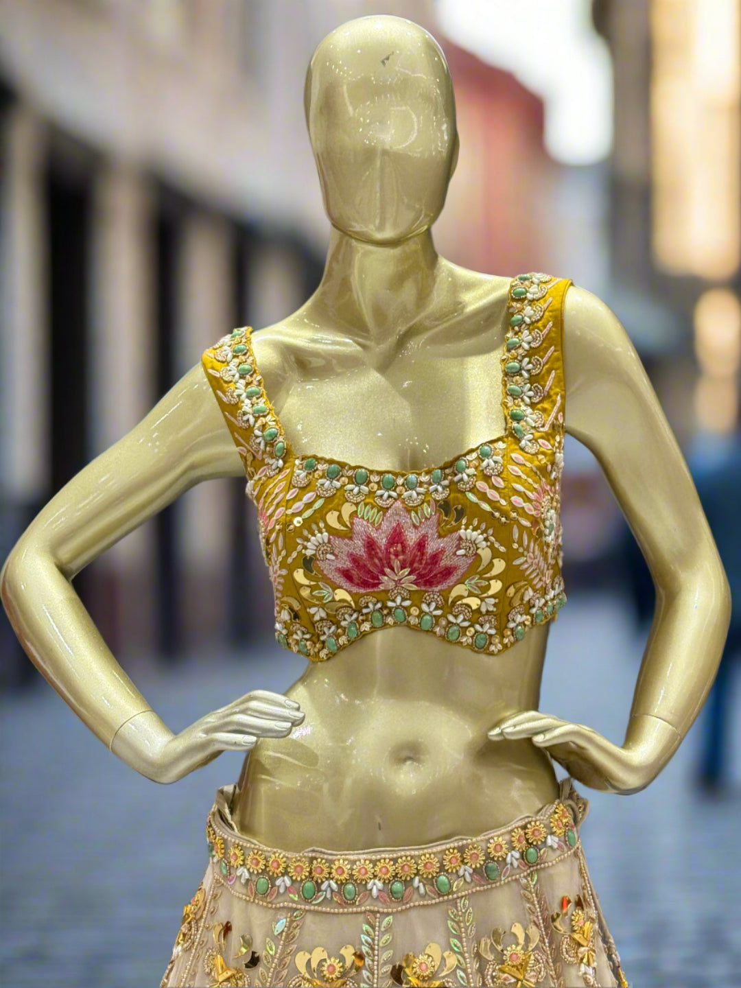 Golden and Ivory Embroidered Net Lehenga Set