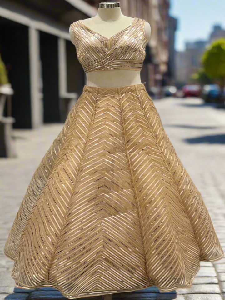 Champagne Gold Striped Lehenga Set