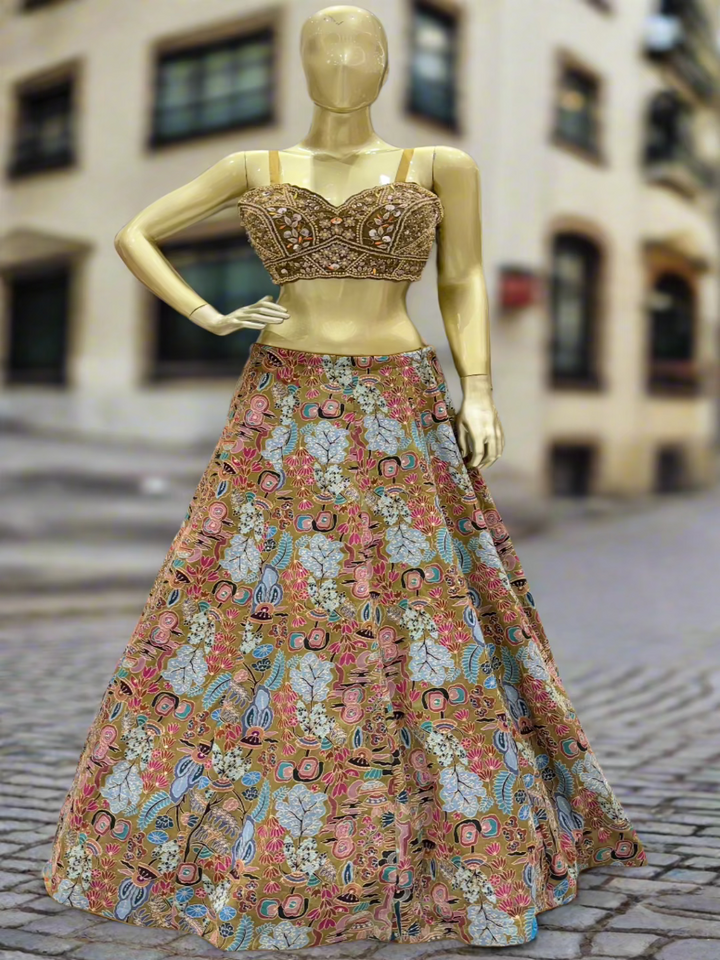 Aqua Blue Printed Organza Readymade Lehenga Set