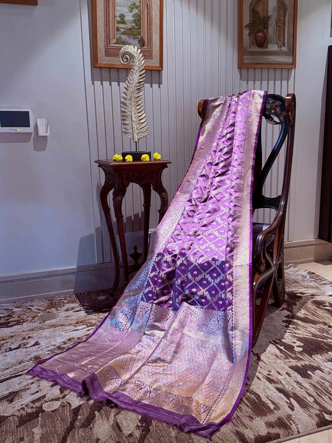 Banarasi Silk Saree with Golden Zari Jaal Work & Rich Traditional Zari Border