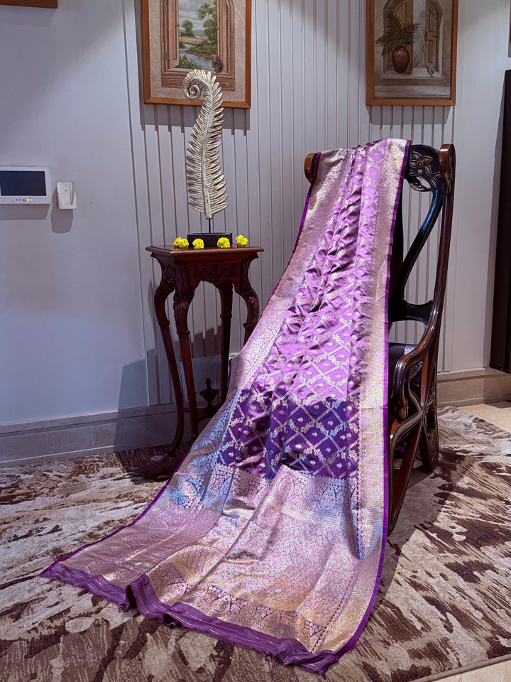 Banarasi Silk Saree with Golden Zari Jaal Work & Rich Traditional Zari Border