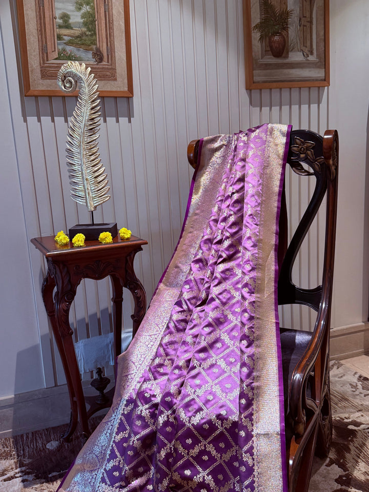 Banarasi Silk Saree with Golden Zari Jaal Work & Rich Traditional Zari Border