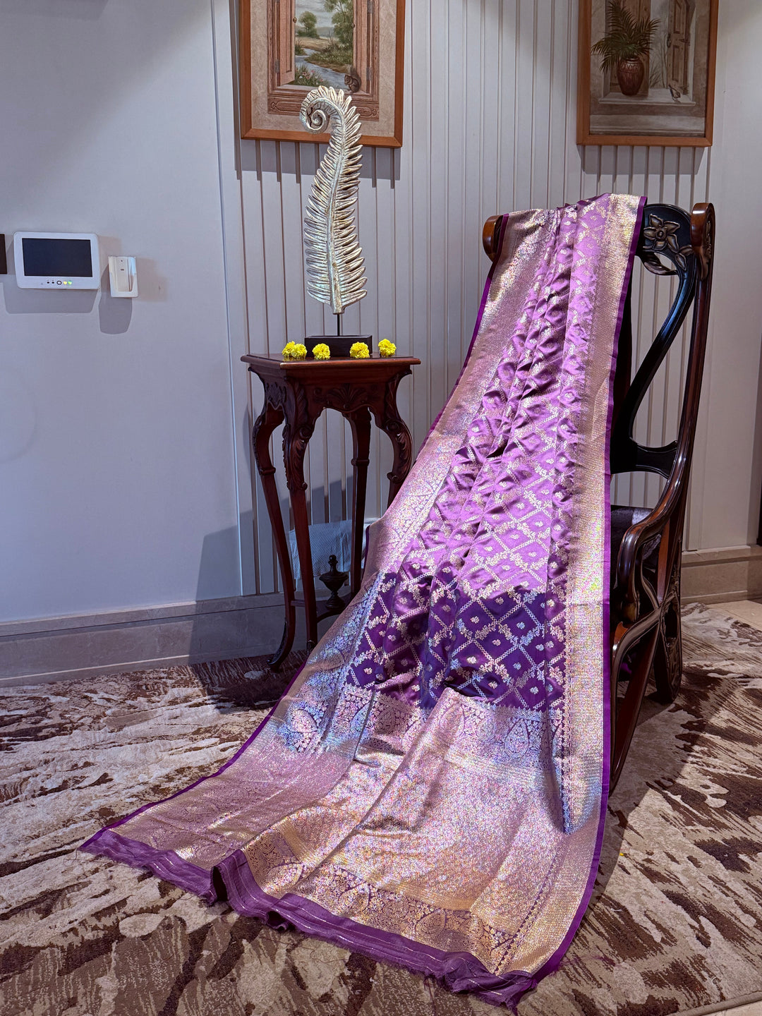 Banarasi Silk Saree with Golden Zari Jaal Work & Rich Traditional Zari Border