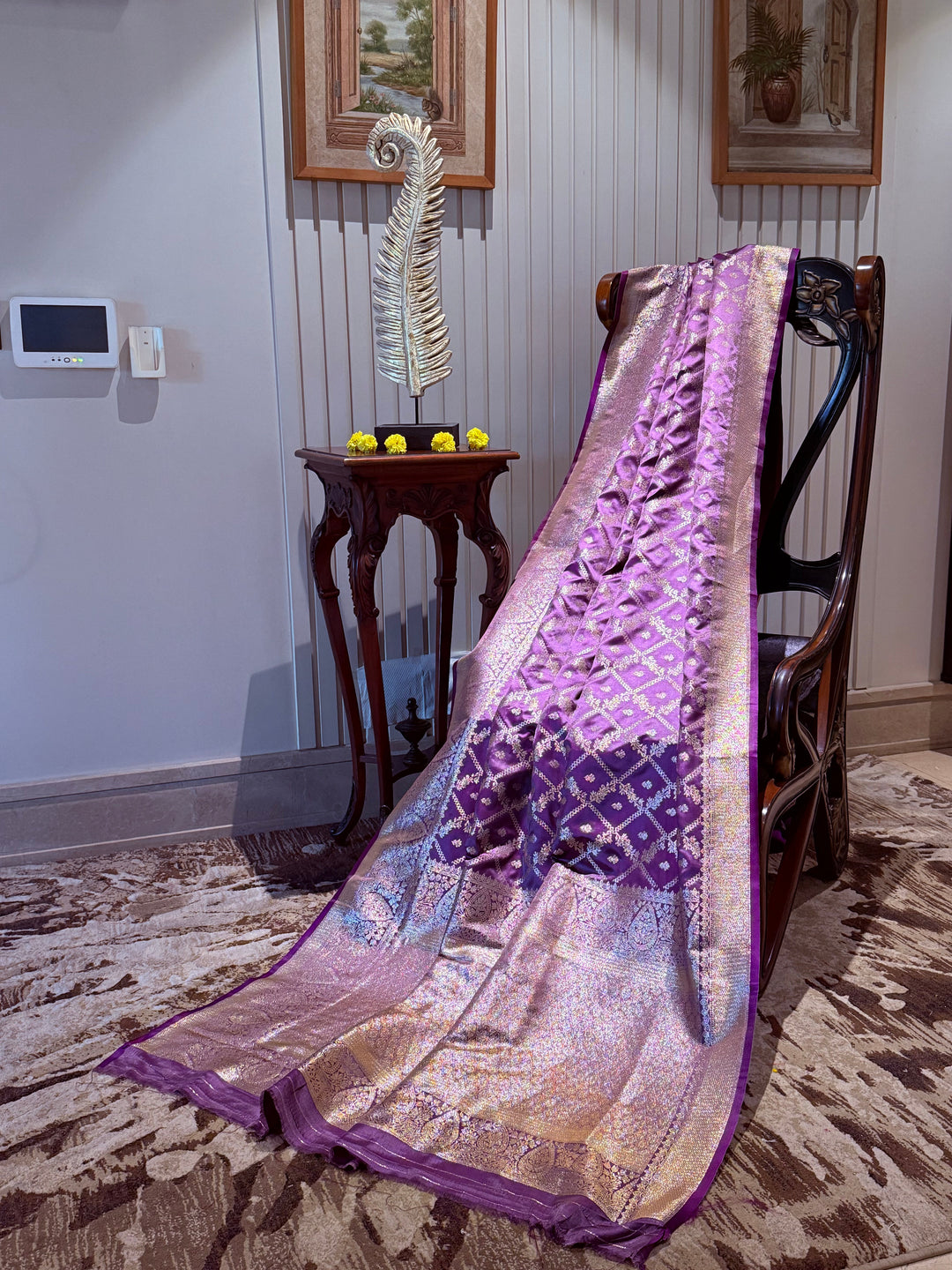Banarasi Silk Saree with Golden Zari Jaal Work & Rich Traditional Zari Border