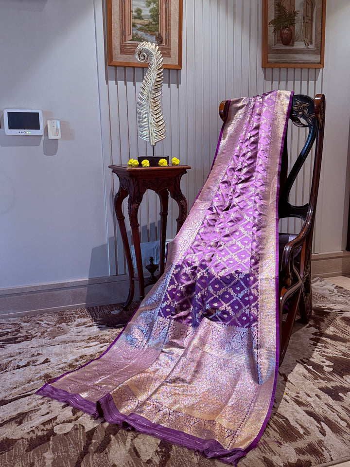 Banarasi Silk Saree with Golden Zari Jaal Work & Rich Traditional Zari Border