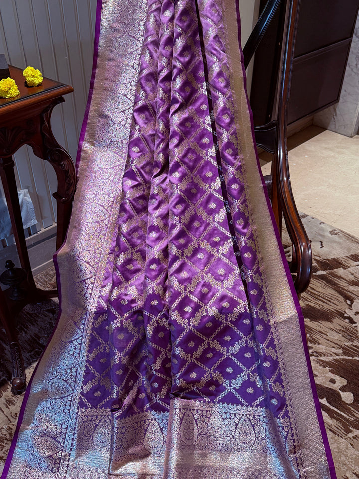 Banarasi Silk Saree with Golden Zari Jaal Work & Rich Traditional Zari Border