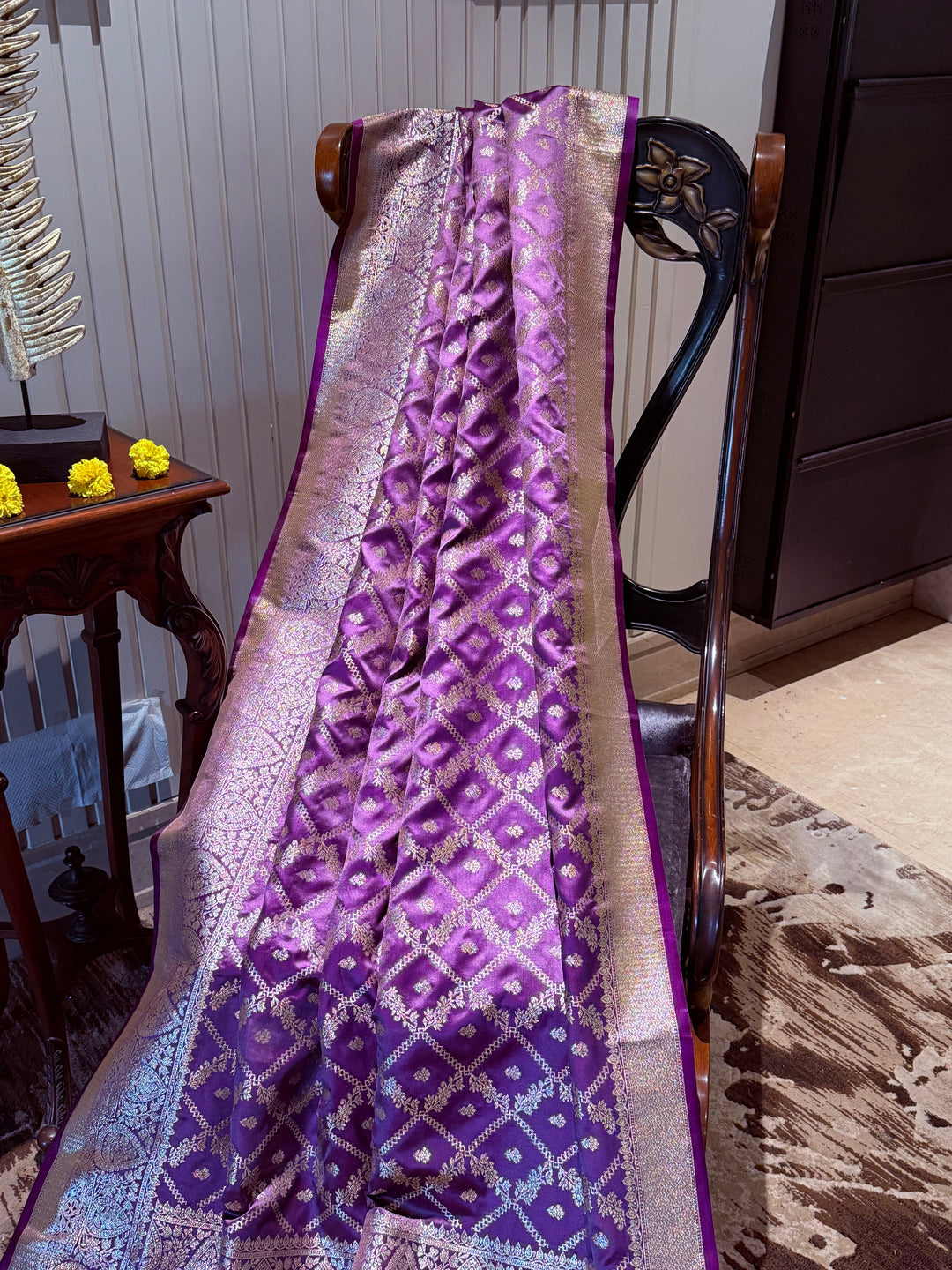 Banarasi Silk Saree with Golden Zari Jaal Work & Rich Traditional Zari Border