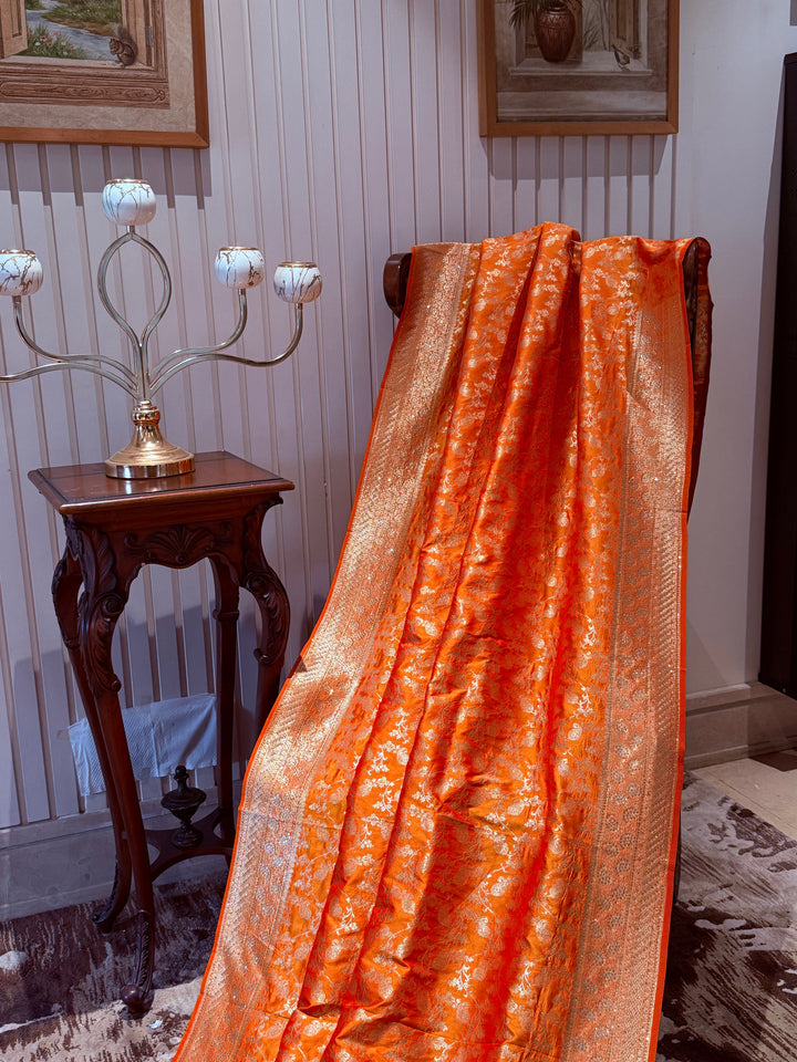 Banarasi Silk Saree with Gold Zari All-Over Floral Jaal & Broad Zari Border