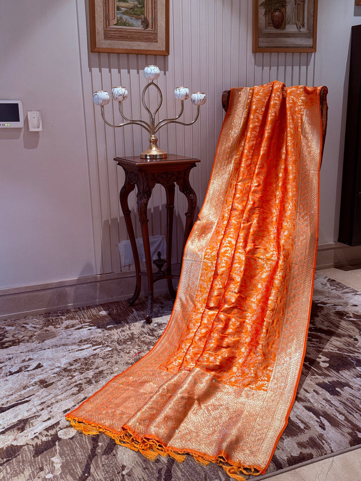Banarasi Silk Saree with Gold Zari All-Over Floral Jaal & Broad Zari Border