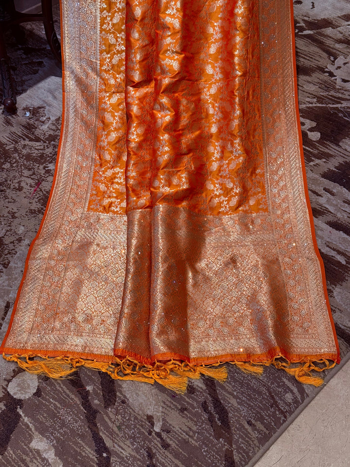 Banarasi Silk Saree with Gold Zari All-Over Floral Jaal & Broad Zari Border