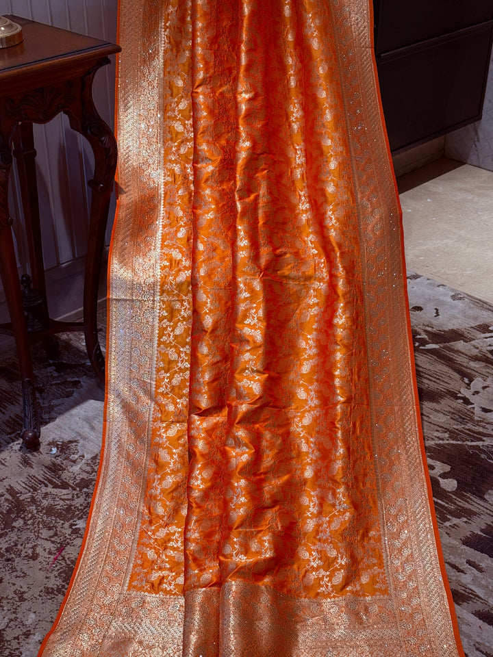 Banarasi Silk Saree with Gold Zari All-Over Floral Jaal & Broad Zari Border