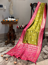 Banarasi Silk Saree with Zari Weaving & Contrast Pink Pallu Border