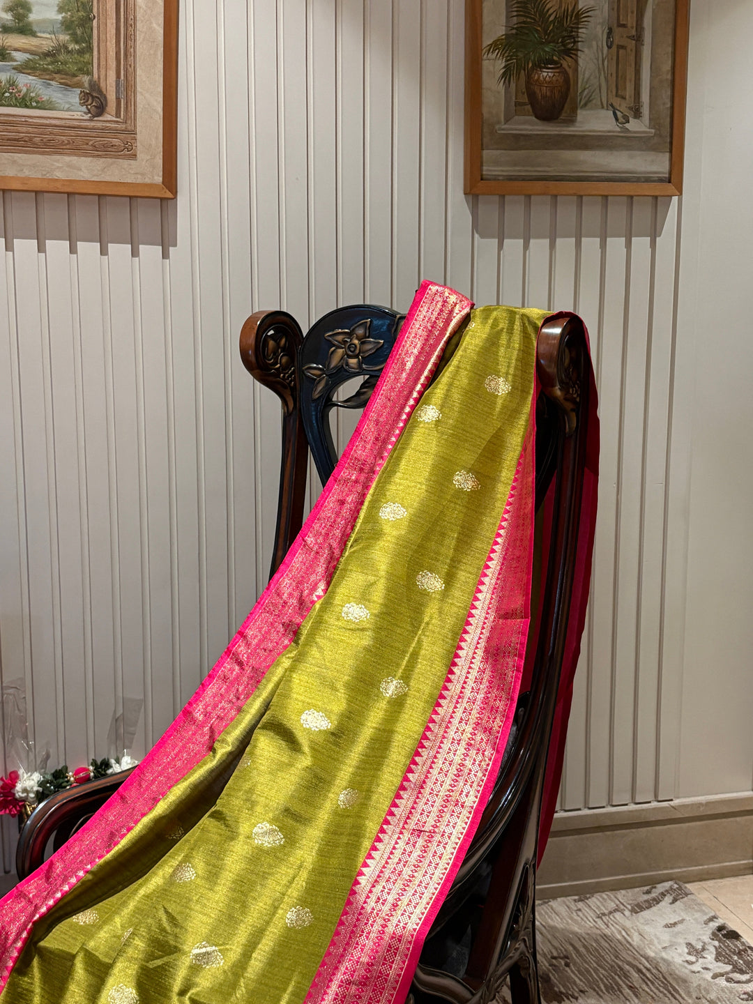 Banarasi Silk Saree with Zari Weaving & Contrast Pink Pallu Border