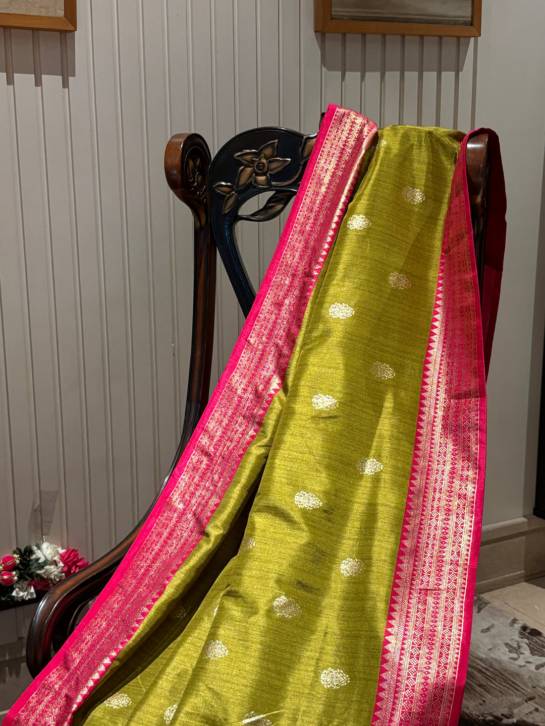 Banarasi Silk Saree with Zari Weaving & Contrast Pink Pallu Border