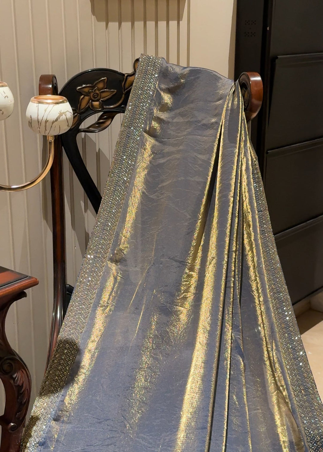 Metallic Shimmer Saree with Embellished Beadwork Border, Glossy Finish