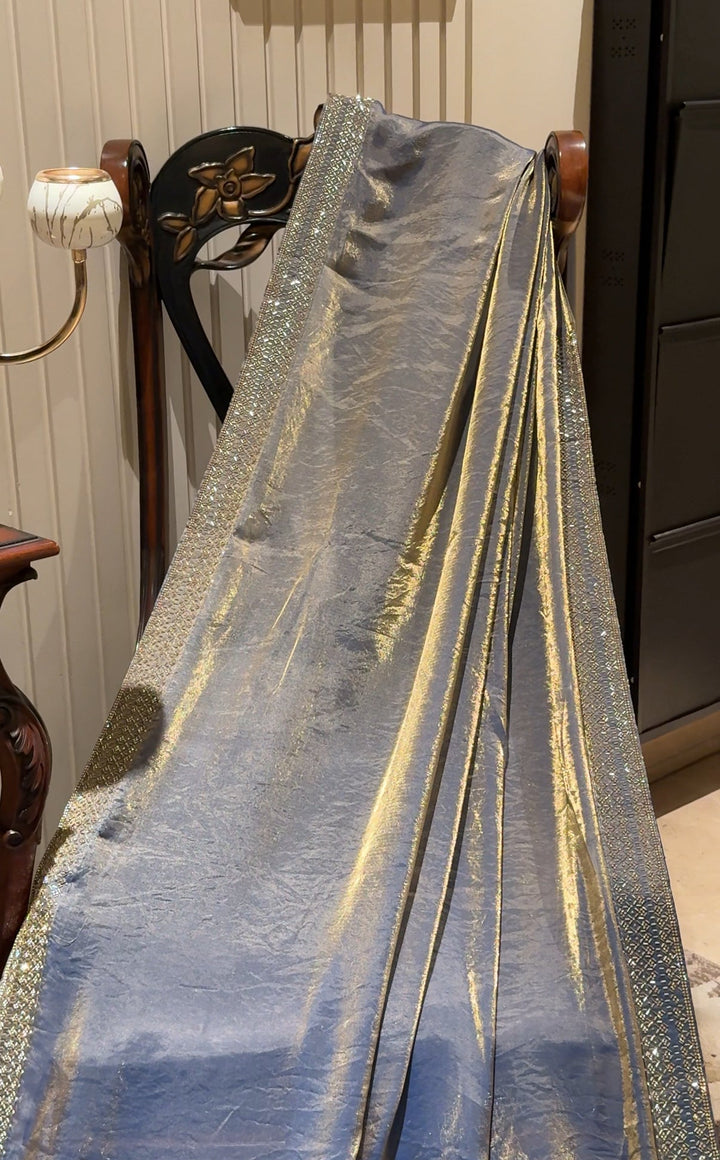 Metallic Shimmer Saree with Embellished Beadwork Border, Glossy Finish