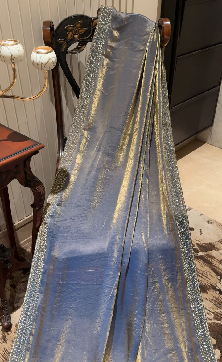 Metallic Shimmer Saree with Embellished Beadwork Border, Glossy Finish