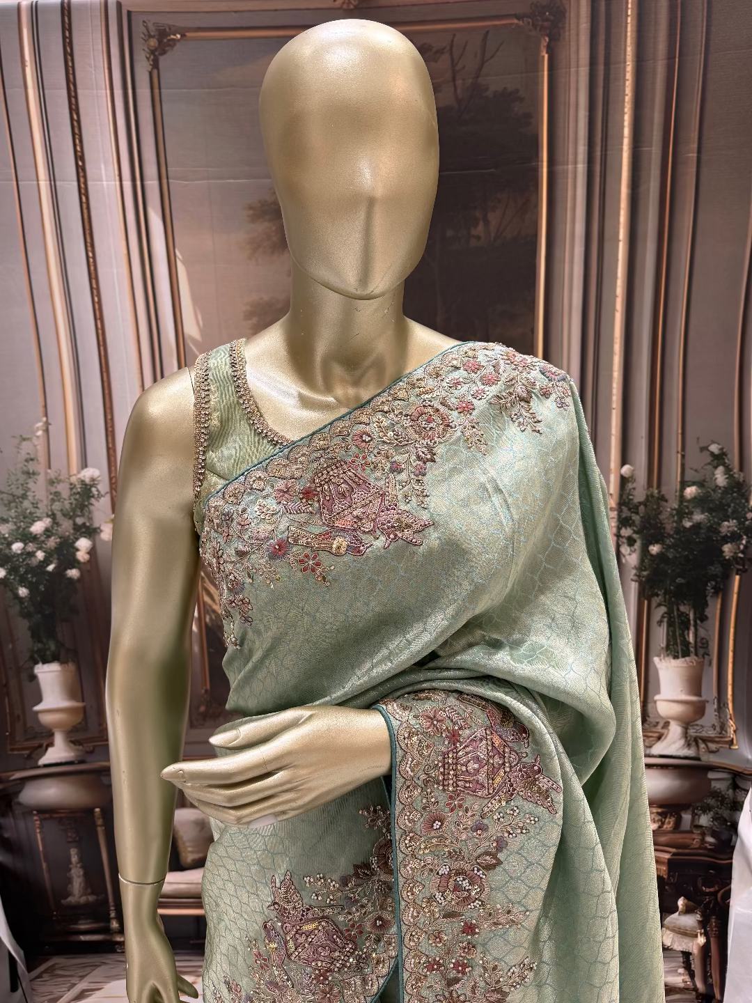 Mint Green Embroidered Saree
