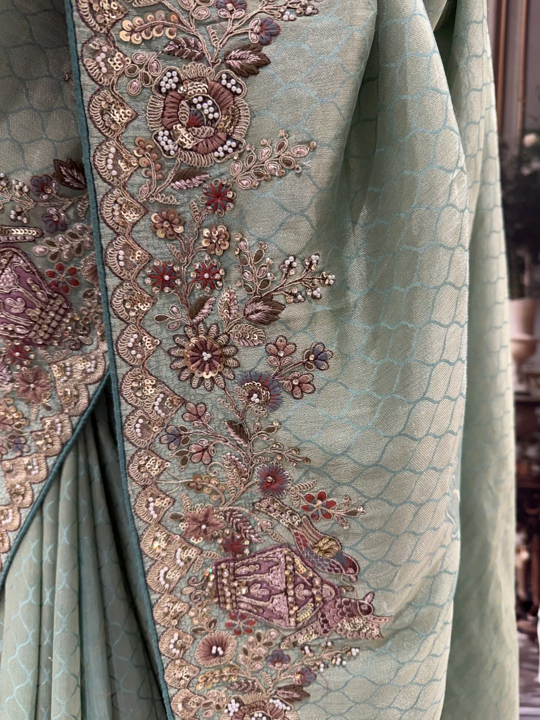 Mint Green Embroidered Saree