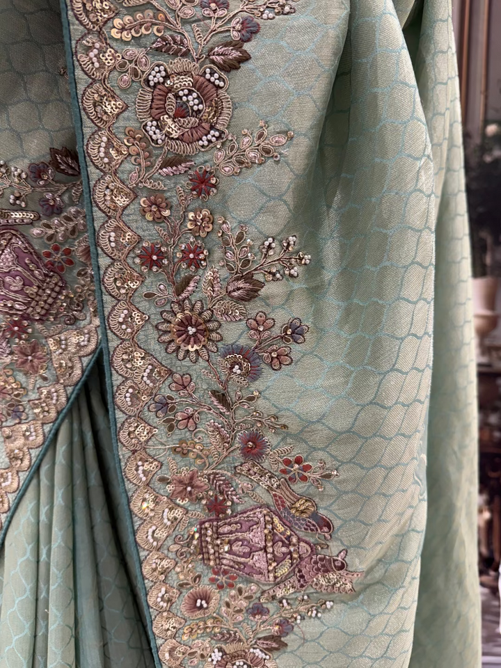 Mint Green Embroidered Saree