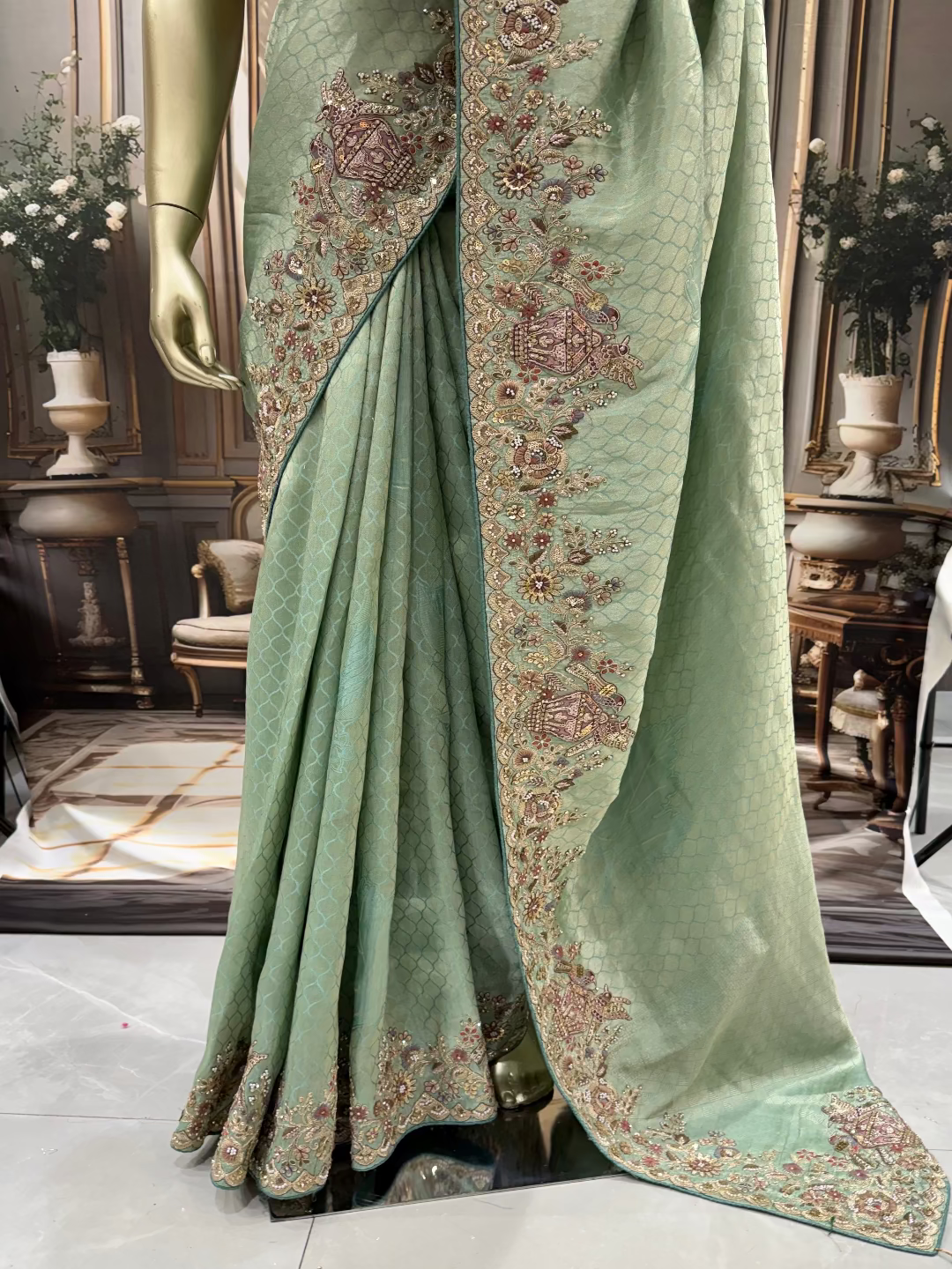 Mint Green Embroidered Saree