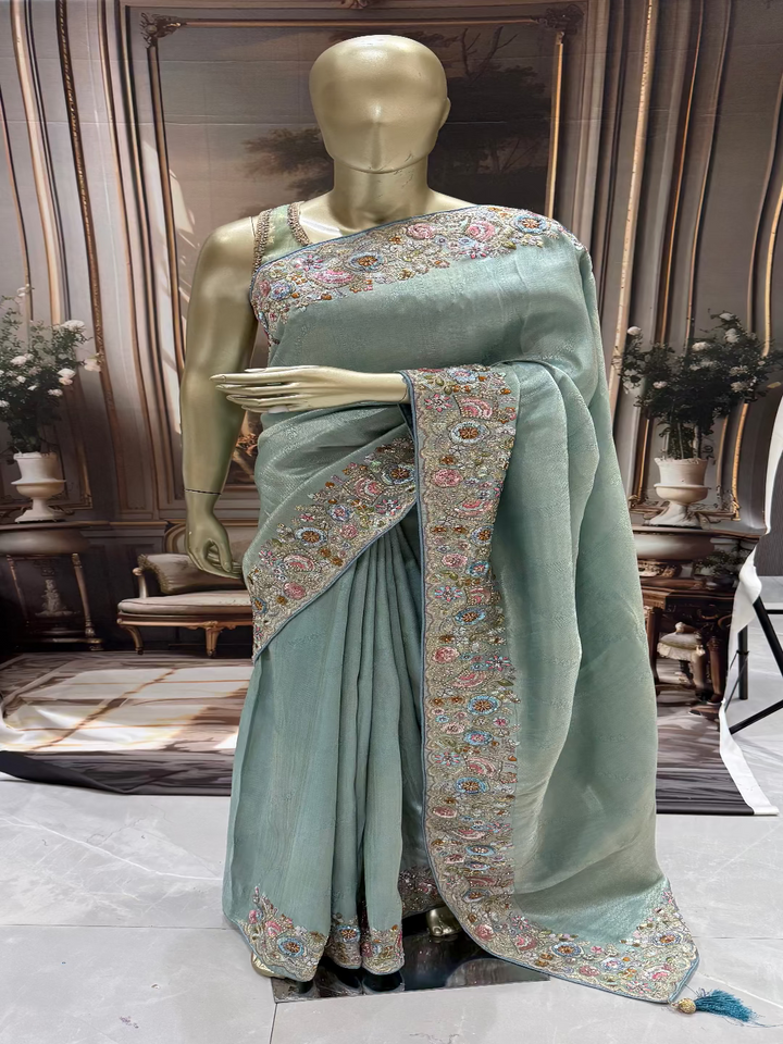 Aqua Blue Embroidered Saree