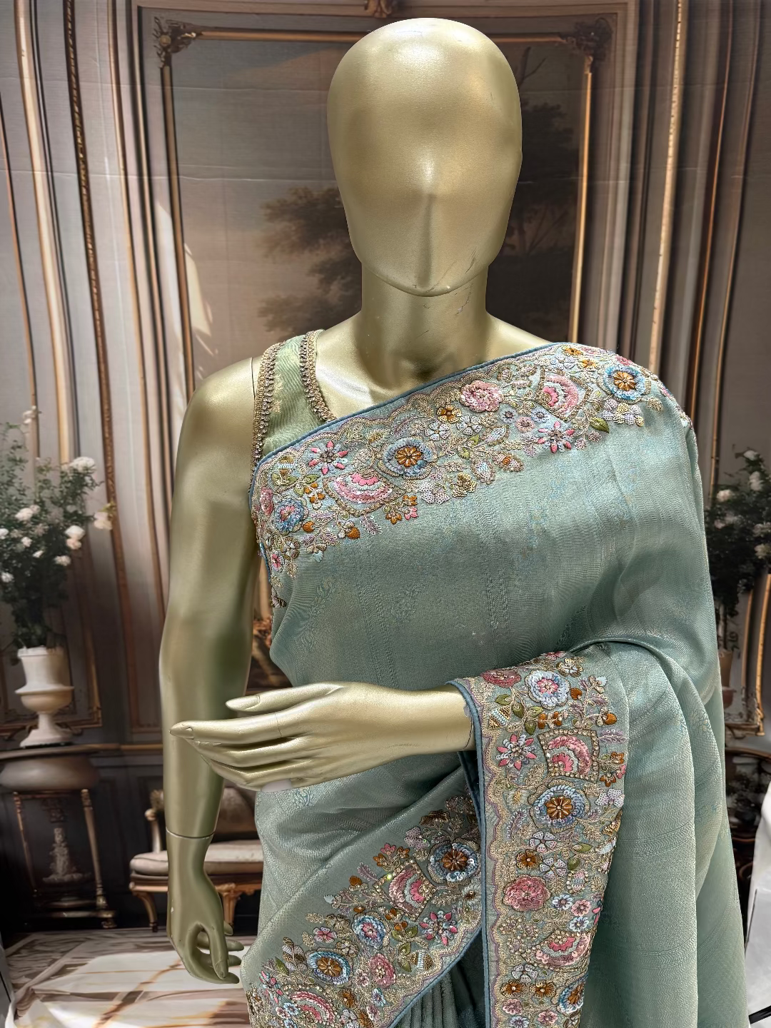 Aqua Blue Embroidered Saree