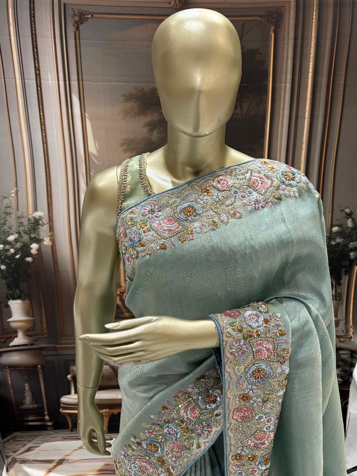 Aqua Blue Embroidered Saree