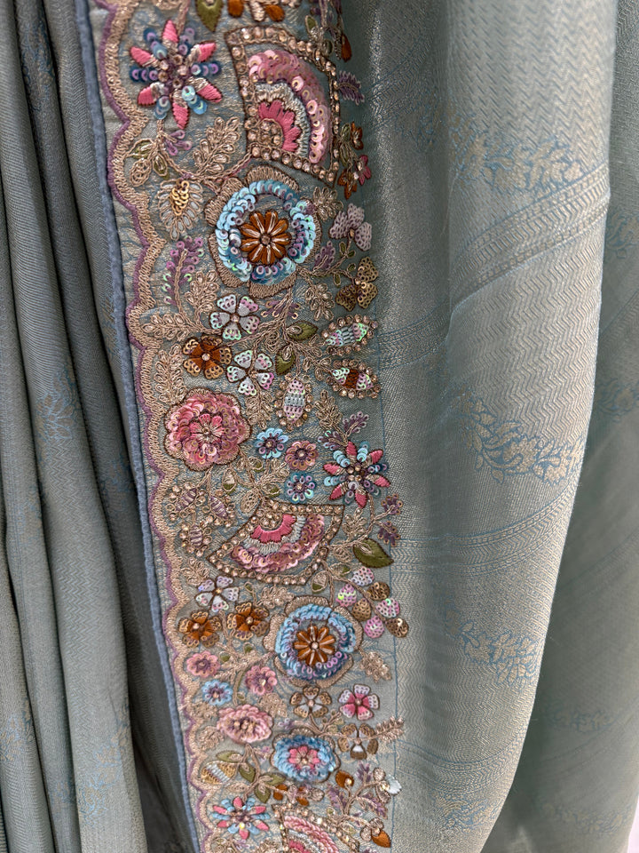 Aqua Blue Embroidered Saree