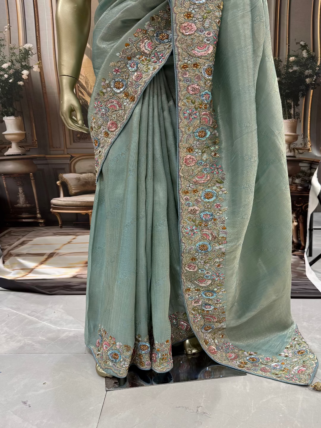 Aqua Blue Embroidered Saree