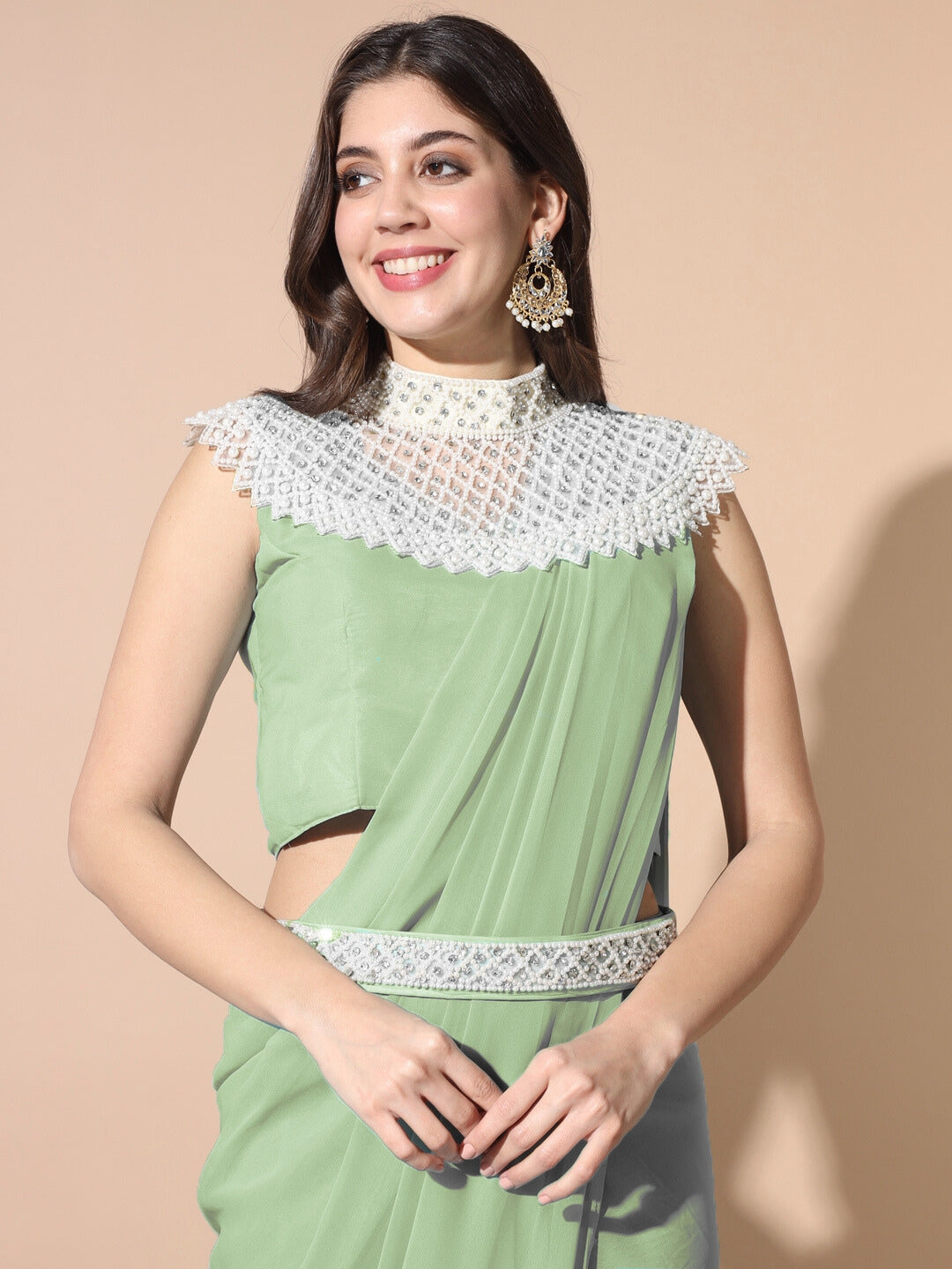 Chhabra 555 Pre-stitched Monotone Draped Saree with Pearl & Crystal Embroidered Necklace & Belt