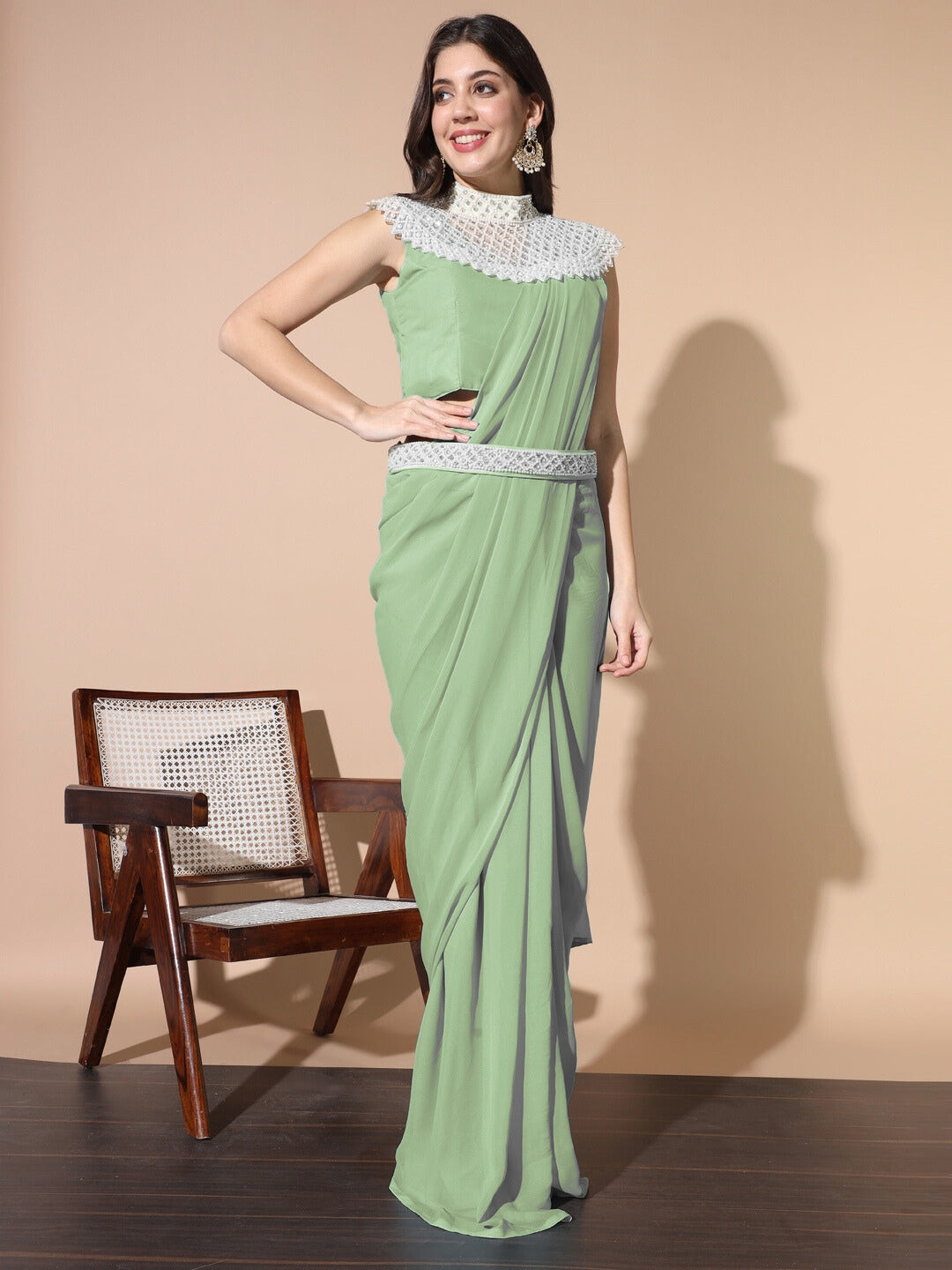 Pre-stitched Monotone Draped Saree with Pearl & Crystal Embroidered Necklace & Belt