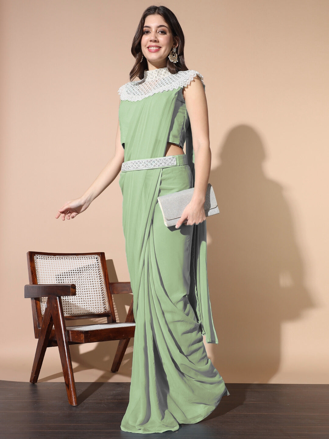 Pre-stitched Monotone Draped Saree with Pearl & Crystal Embroidered Necklace & Belt