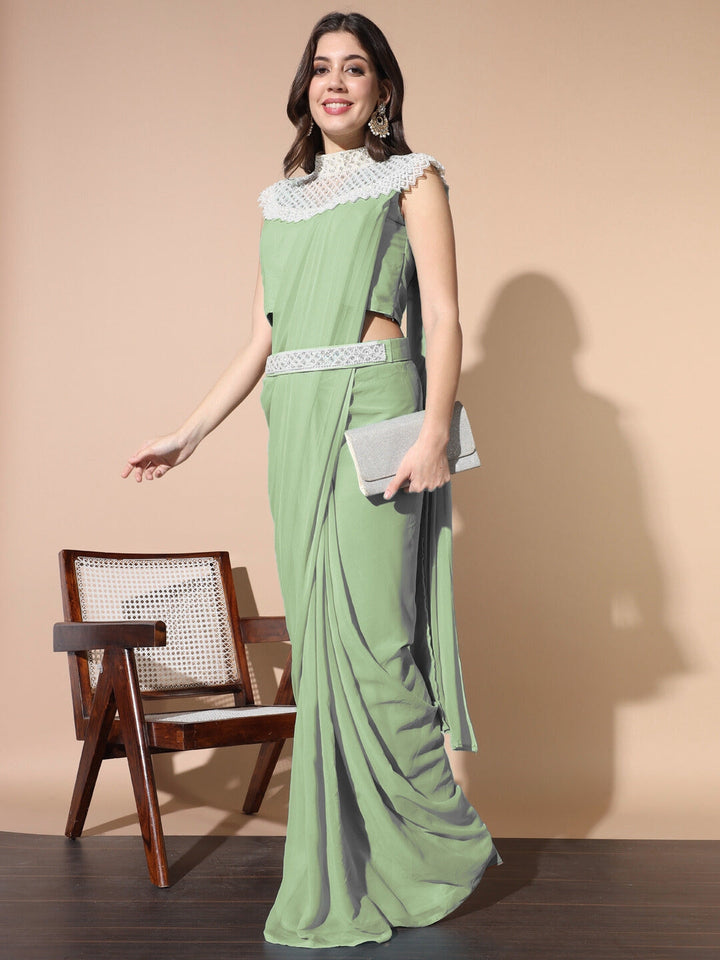 Pre-stitched Monotone Draped Saree with Pearl & Crystal Embroidered Necklace & Belt